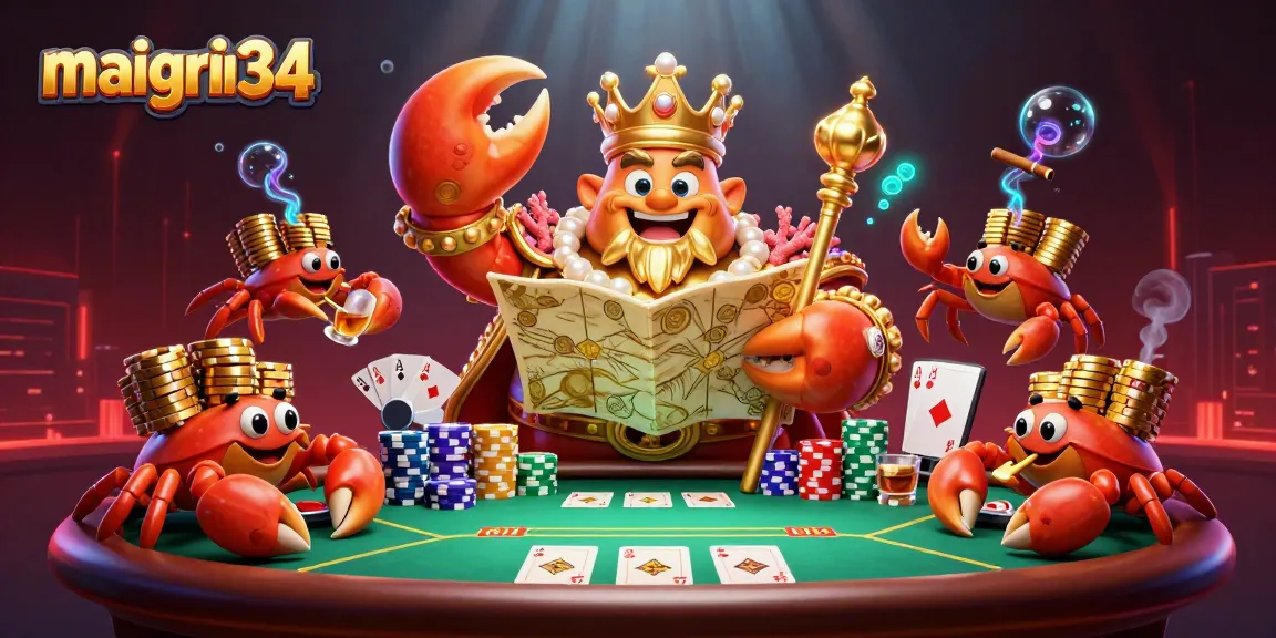 Le crab empereur doré maigrir34 tient une carte au trésor entouré de jetons, dans un casino virtuel.
