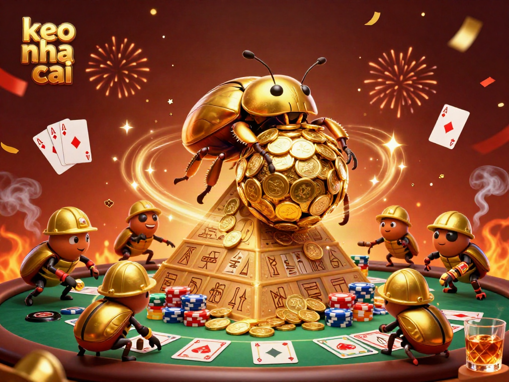 Engage in thrilling online betting with keo nha cai represented by a golden beetle and poker elements.