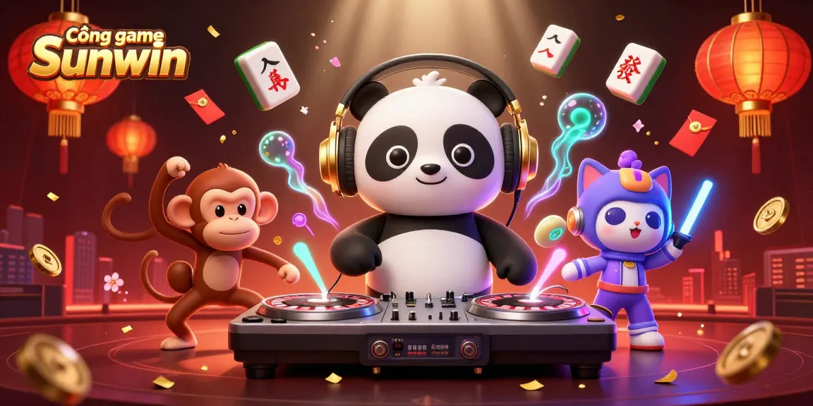 Cổng game Sunwin showcases vibrant gambling-themed 3D characters amidst festive elements for an engaging experience.