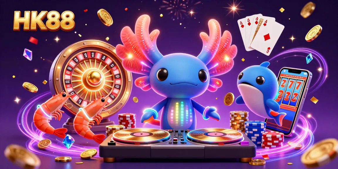 Experience fun and winning moments at HK88 with a neon casino illustration featuring vibrant characters and games.