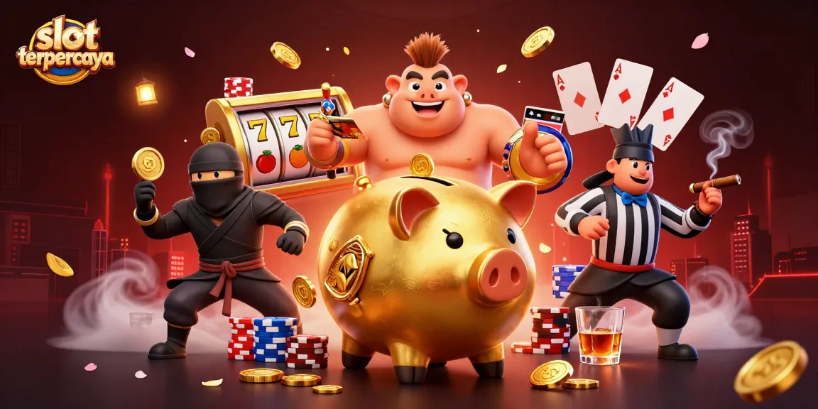 Menangkan permainan di slot terpercaya dengan piggy bank emas bertarung melawan ninja wallet dalam ilustrasi kasino yang memukau!