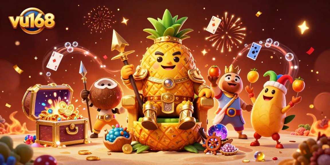 Engage with vu168 for thrilling casino adventures featuring a pineapple king amidst sparkling treasures and vibrant games.