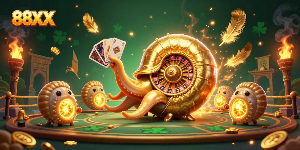 Engage in thrilling gameplay at 88XX with a vibrant casino scene featuring a giant nautilus roulette wheel.