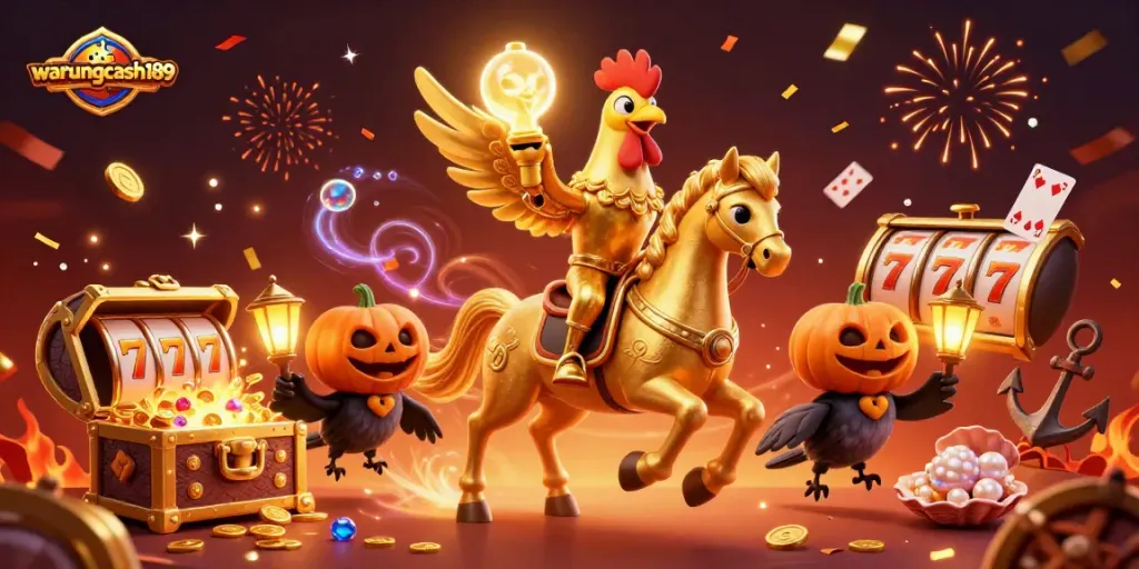 Win big with warungcash189 as a golden rooster navigates a midnight casino adventure.