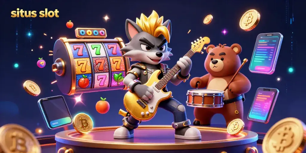 Experience situs slot thrill with a cartoon rock star and drummer bear amidst dynamic casino elements.