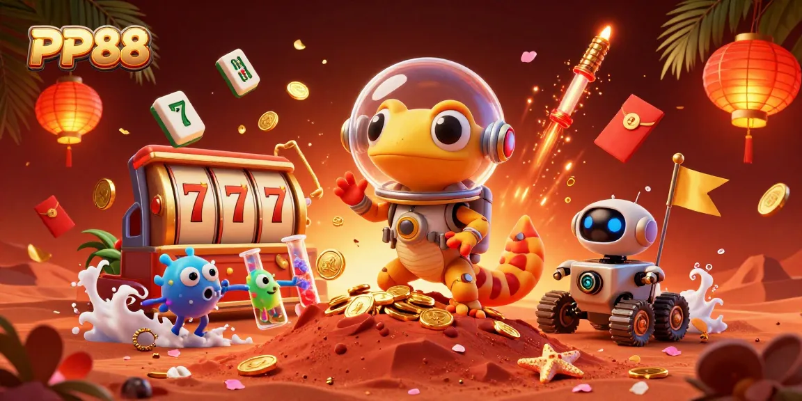Experience the exciting world of PP88 as a Martian gecko discovers a golden casino amidst vibrant gaming elements.