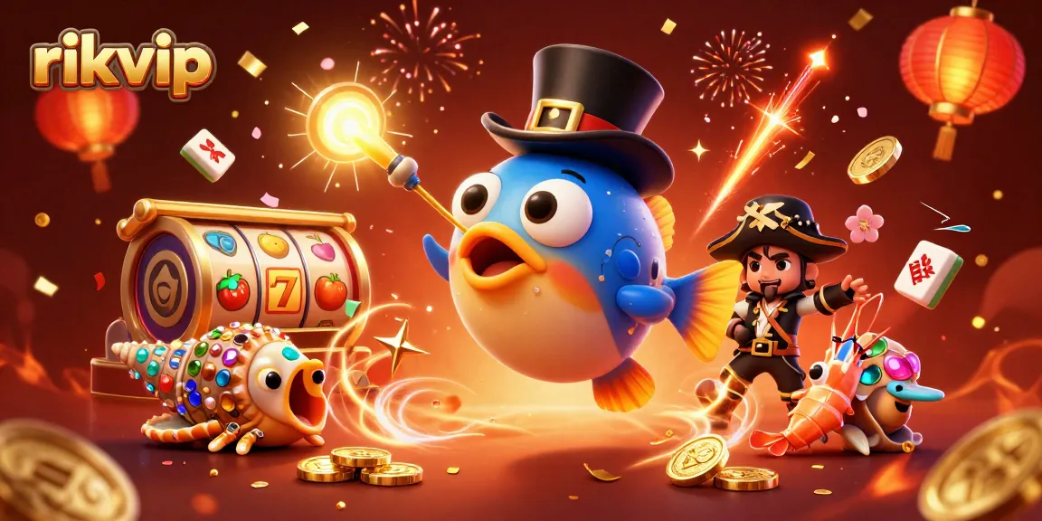 Win big at rikvip with a vibrant 3D gaming world illustrated with lucky charms and festive elements