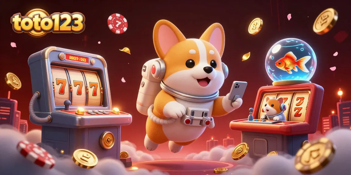 Experience the thrilling atmosphere of toto123 with a 3D astronaut corgi in a casino space station, amidst floating poker chips.