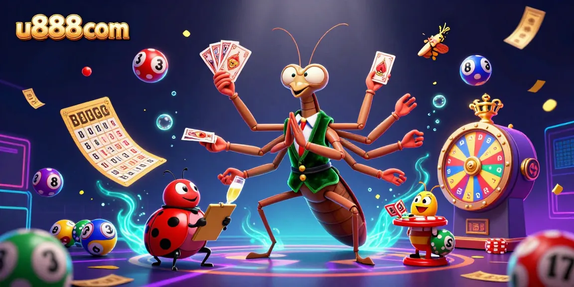 u888com showcases a lively casino scene with a cartoon mantis dealing cards and vibrant lottery elements.