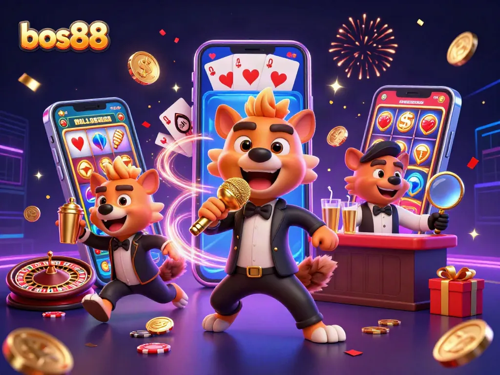 Experience vibrant gameplay at bos88 with a lively casino scene, showcasing hyena characters.