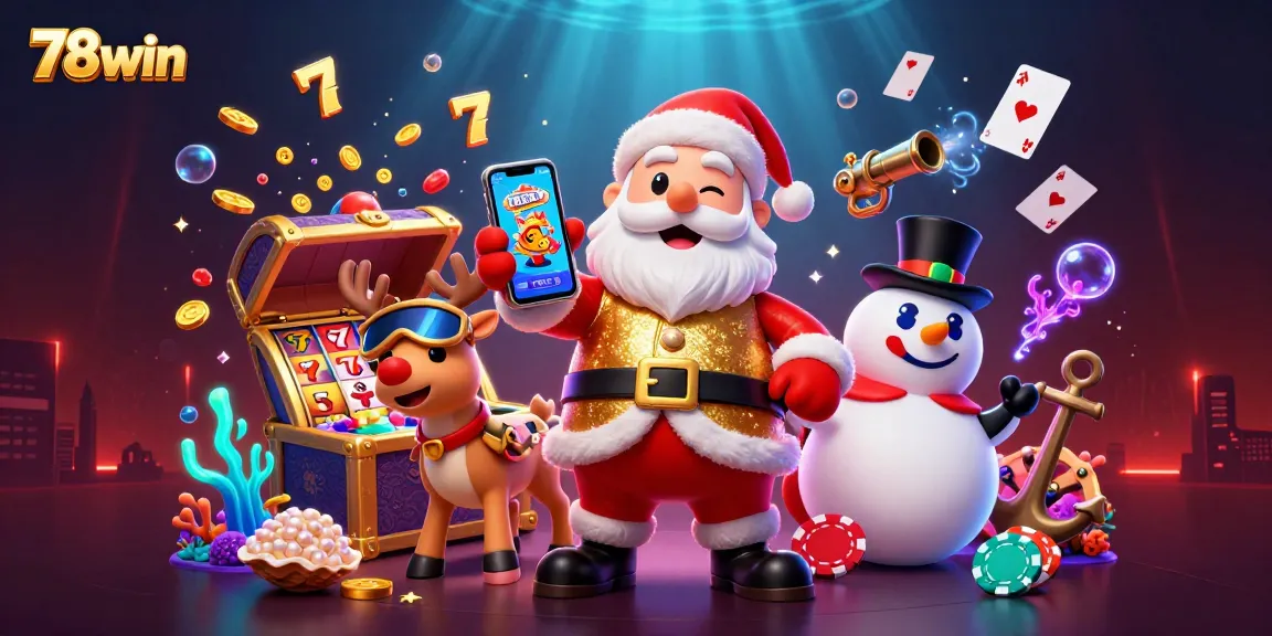 Spin to win with 78win: Santa, a dealer reindeer, and a poker chip snowman celebrate jackpots together!