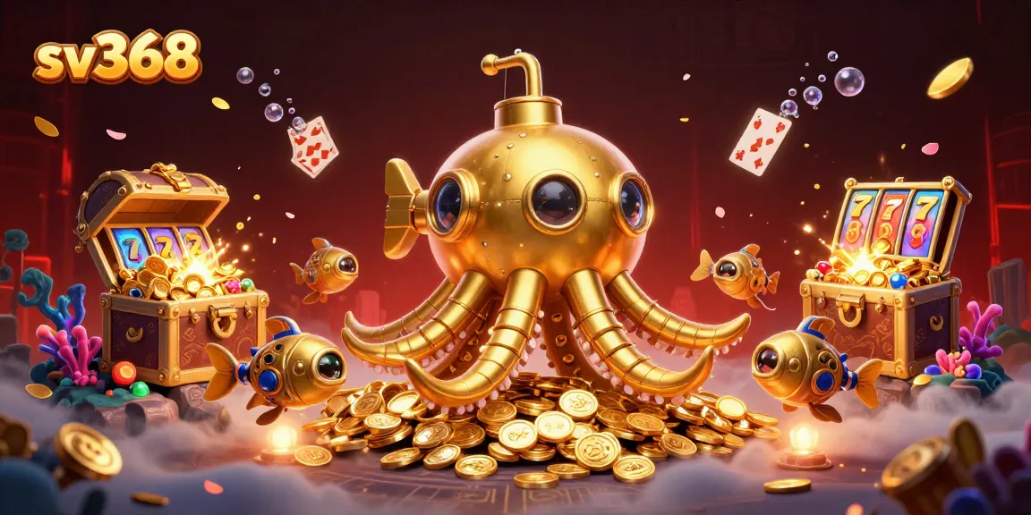 Experience thrilling wins at sv368 with golden kraken amidst floating slot reels and shimmering coins.