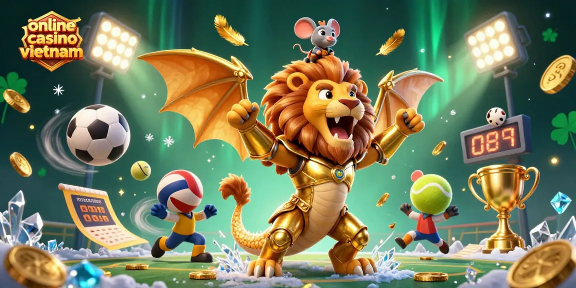 Experience the thrill of online casino Vietnam with dynamic casino illustrations featuring a triumphant chimera and sports-themed elements.