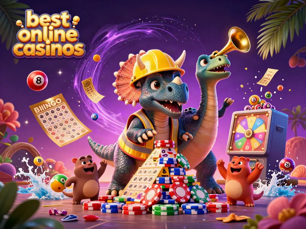 Celebrate the best online casinos with vibrant game elements and joyful characters in 3D.