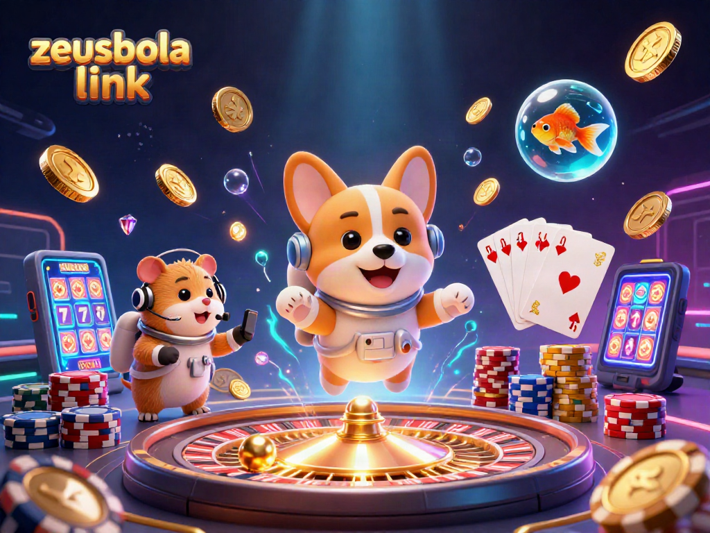 Play and win with zeusbola link in a vibrant space casino illustration with playful characters.
