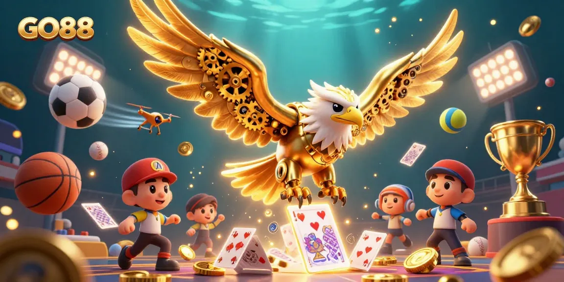 Engage with GO88's vibrant casino experience featuring a cybernetic eagle amidst dynamic sports elements.