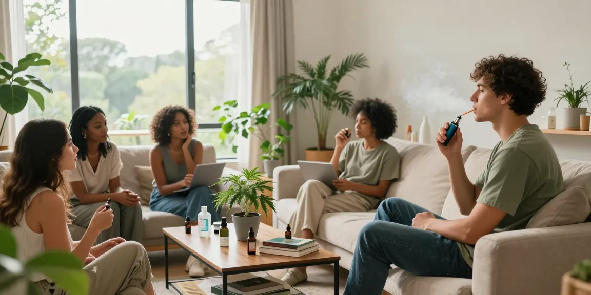 Is vaping legal in Cyprus - group enjoying social time with CBD products and vape device in a bright living room.