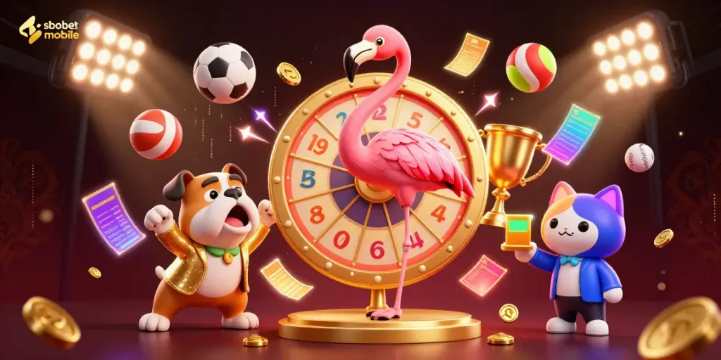 Betting on sbobet mobile with a vibrant game show scene featuring a flamingo host and a bulldog contestant.