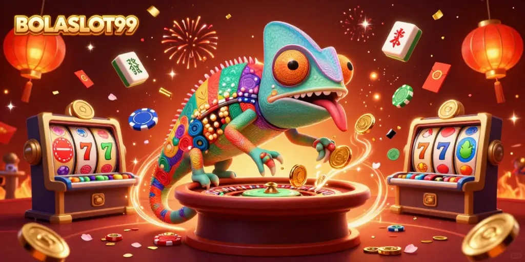 Win big with BOLASLOT99 in a vibrant casino filled with lucky symbols and celebrations.