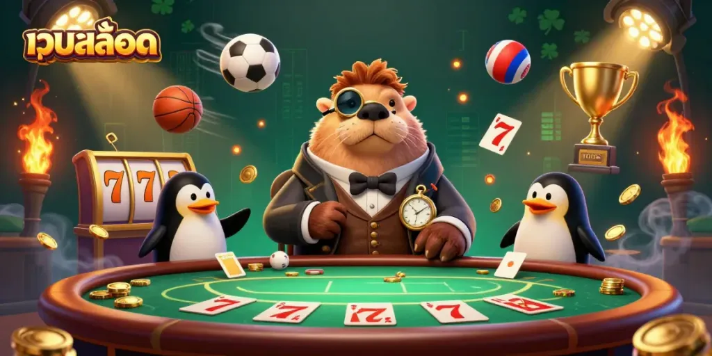 Experience the excitement of เว็บสล็อต as a jolly walrus, penguin dealer, and pufferfish player engage at the underwater poker table.