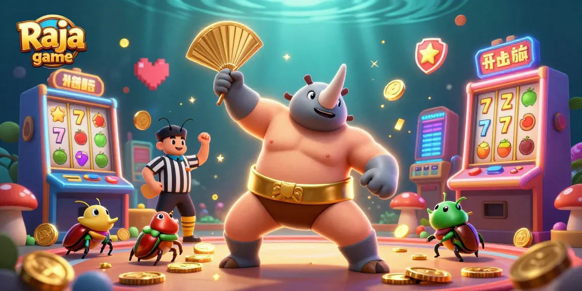 Experience thrilling casino fun with Raja game featuring exciting slot machines, beetle champions, and gold coins.