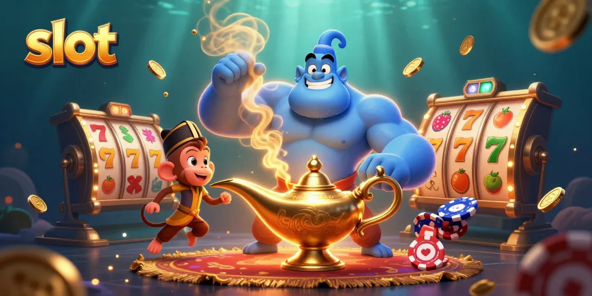 Mainkan slot gacor hari ini dengan genie dan simbol keberuntungan dalam suasana kasino yang menggembirakan.