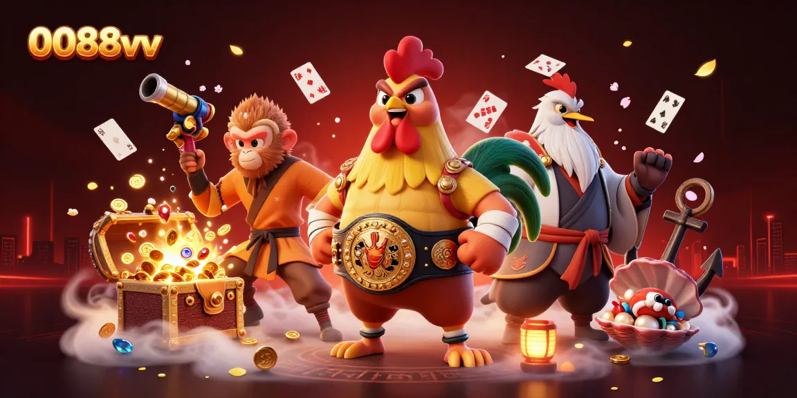 Experience the thrill of 0088vv as a Muay Thai rooster leads with golden championship glory amidst dynamic casino gaming elements.