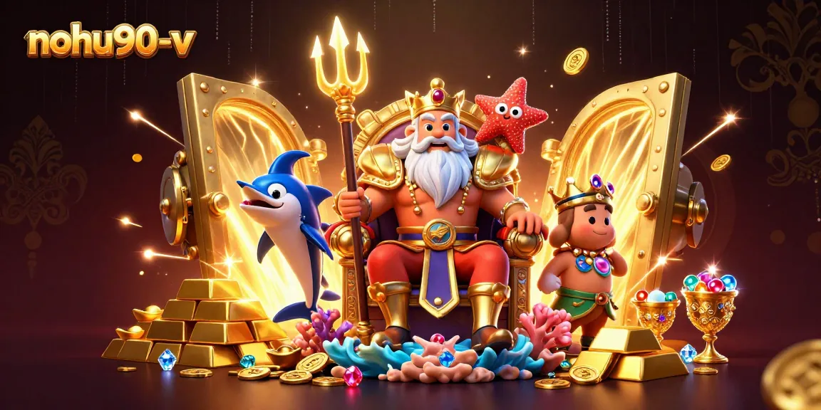 Nohu90-v showcases a vibrant sea king Neptune in a casino-themed celebration of riches and excitement.
