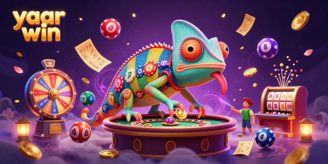 Engage with yaar win through vibrant animated lottery balls and a charming chameleon casino owner.