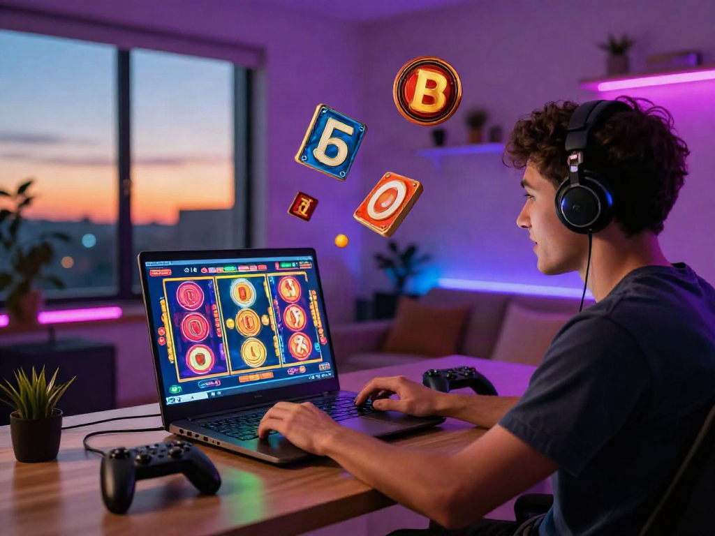 Engaging scene of a user playing slot online with vibrant gaming visuals and modern workspace setup.