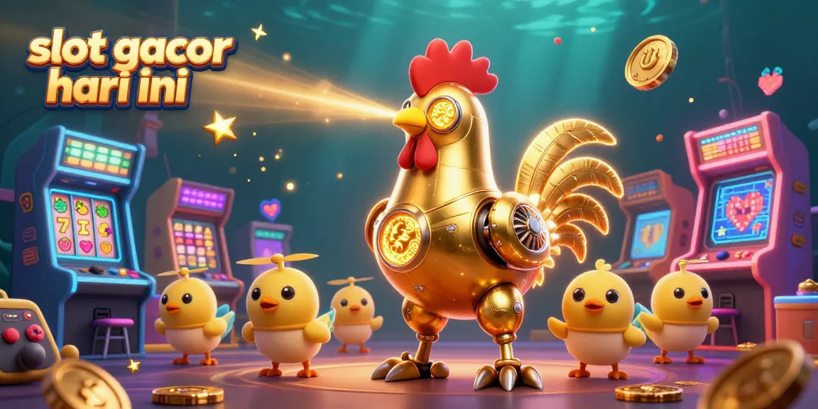 Engage with the vibrant world of slot gacor hari ini featuring a golden rooster robot and arcade elements.