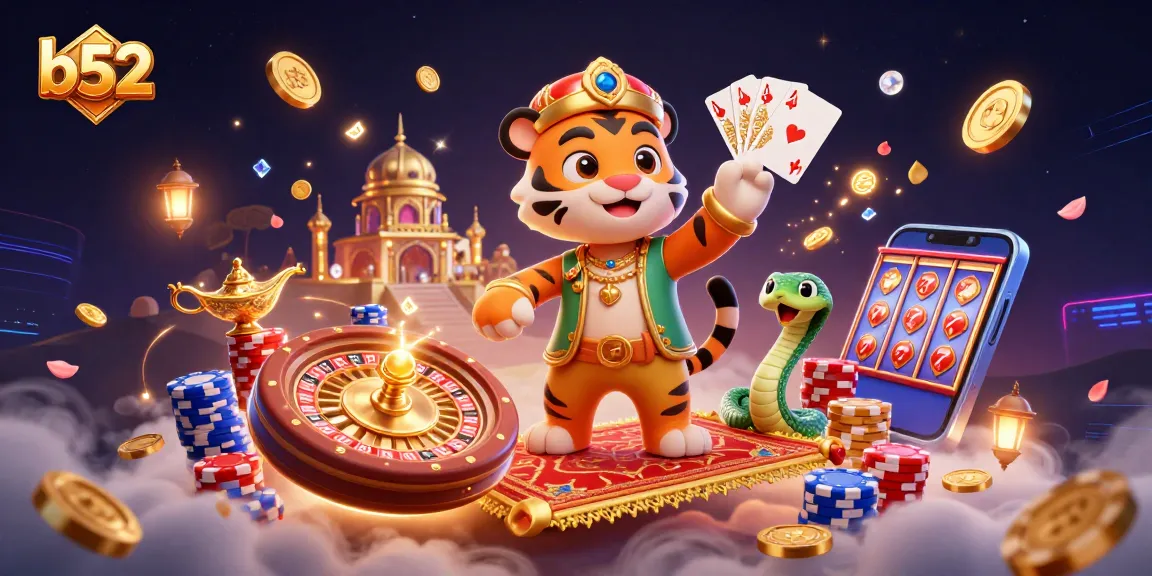 B52 online casino illustration featuring a sultan on a magic carpet with casino elements and lucky charms.
