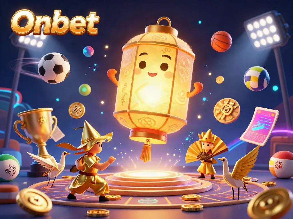 Experience Onbet's vibrant gaming world with a glowing lantern spirit and dynamic casino atmosphere.