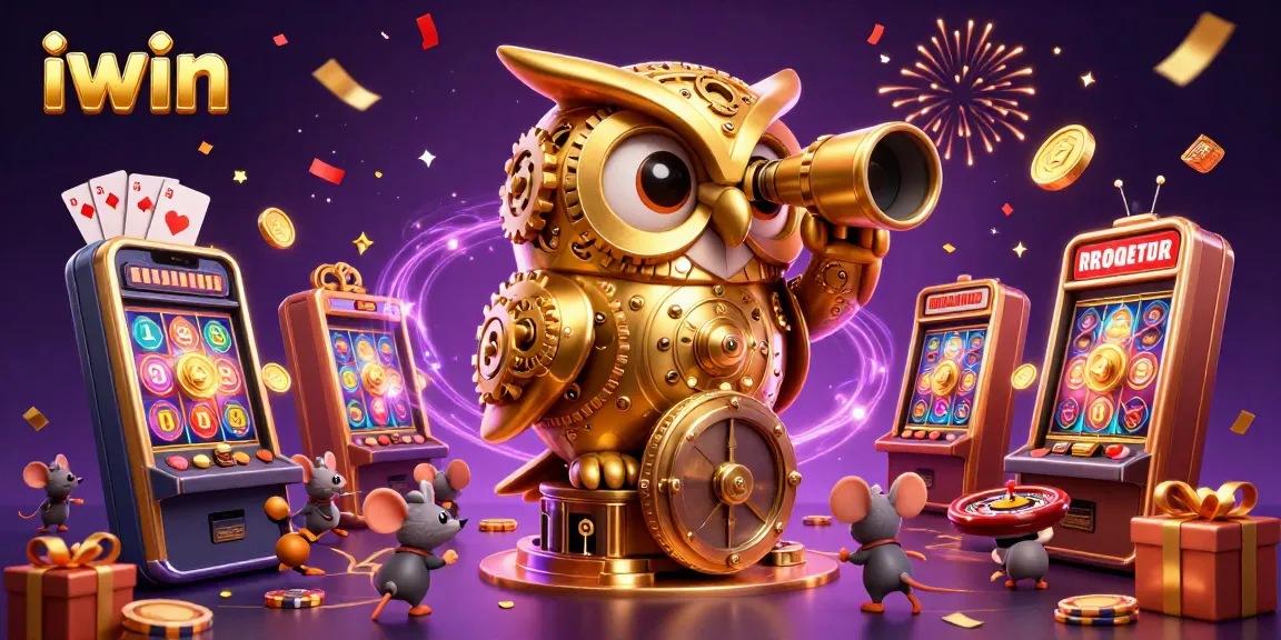Experience winning moments with iwin in this vibrant casino scene featuring a golden owl and slot games.