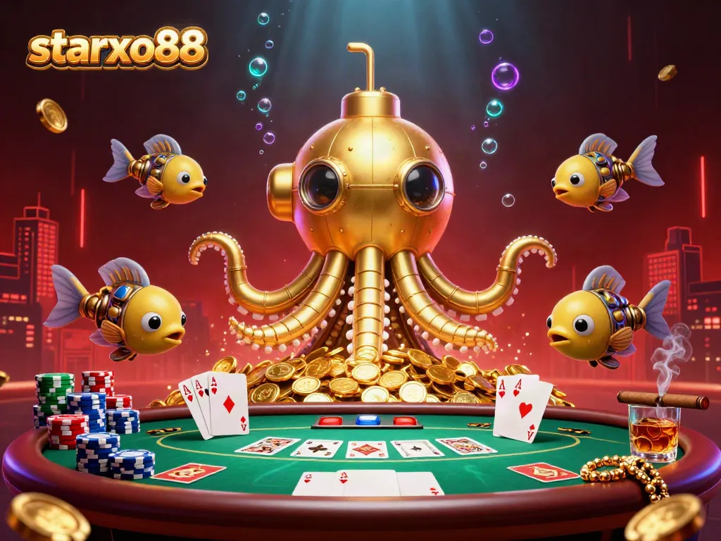Engage with starxo88's thrilling 3D illustration showcasing a golden kraken and poker elements.