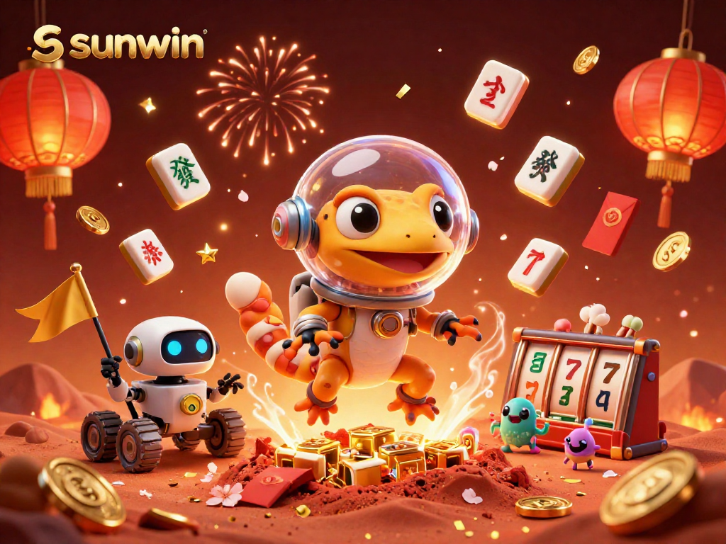 Experience thrilling wins with sunwin's lively casino scene featuring colorful slots and festive characters.
