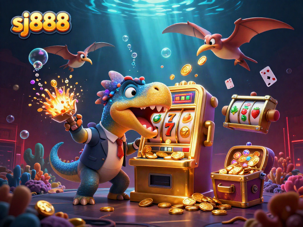 Sj888 slots jackpot scene with a dinosaur and dynamic casino elements