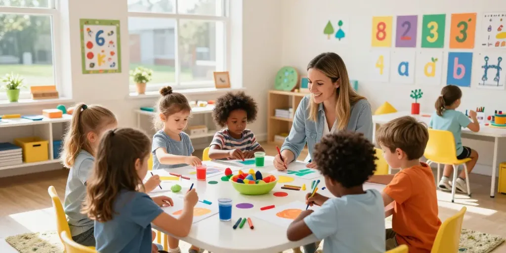 Engaging preschool classroom scene showcasing children at Podar Prep learning and playing creatively.
