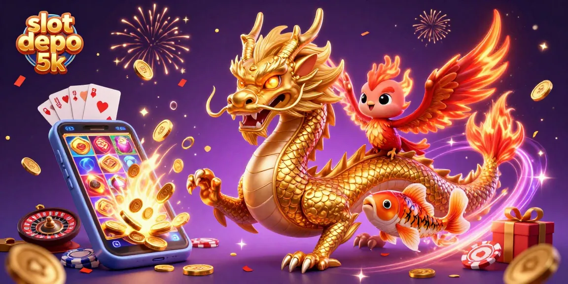 Experience the thrill of slot depo 5k with a golden dragon, a phoenix, and coins bursting in action.