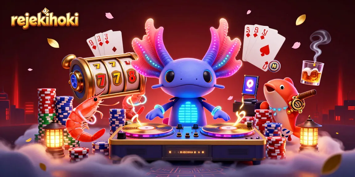 Experience winning action with rejekihoki as the axolotl DJ spins to vibrant slot reels and festive casino elements.