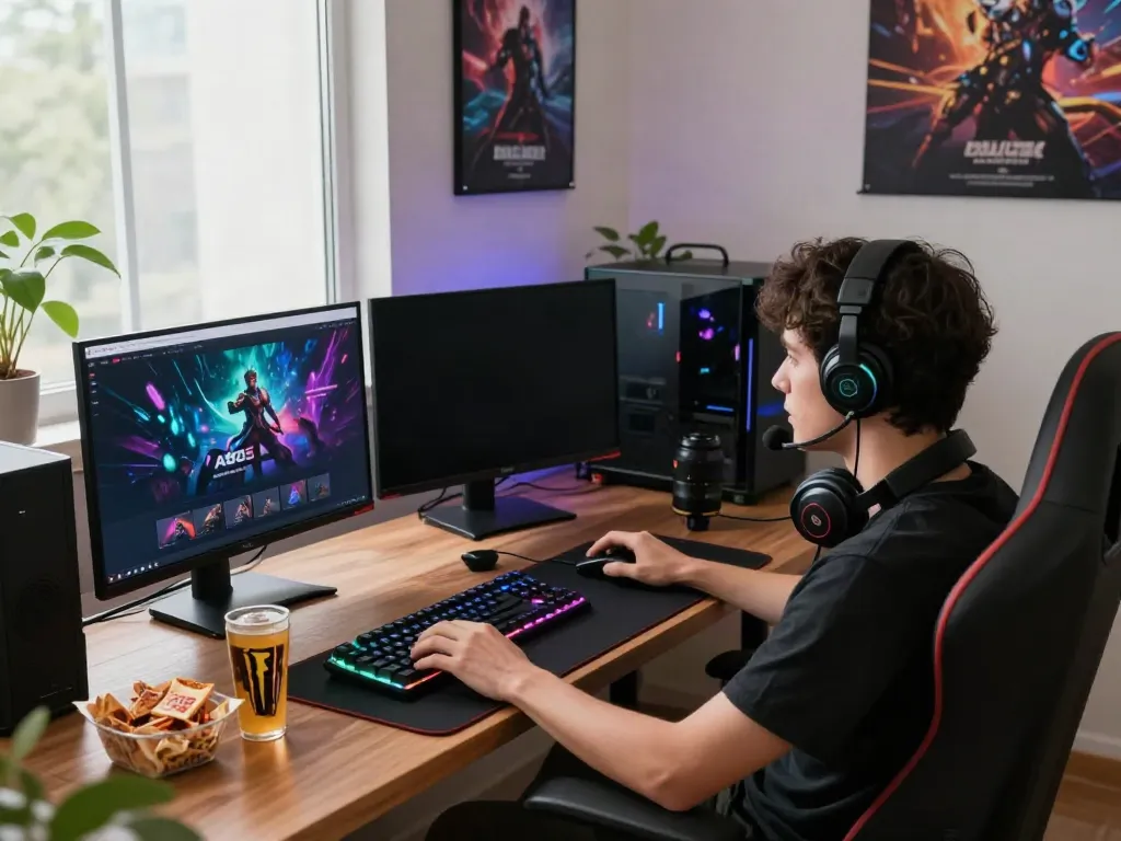 A80 website gaming setup with monitors, snacks, and RGB lighting.