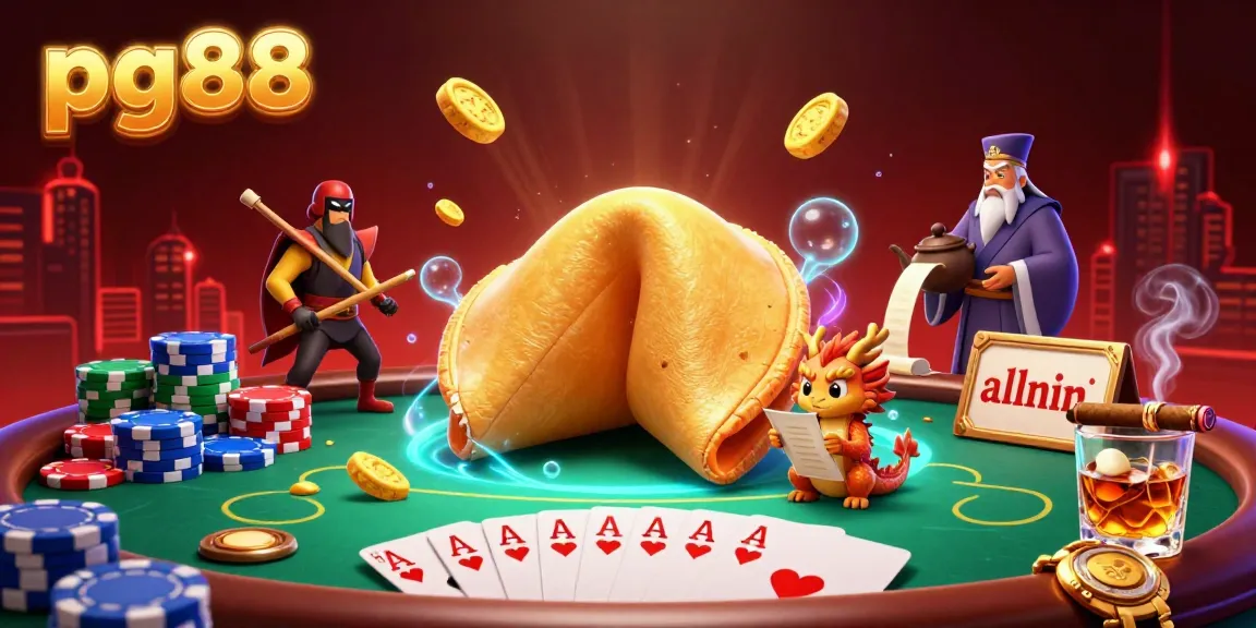 Engage with pg88's vibrant online casino world featuring a dynamic golden fortune cookie and poker elements.