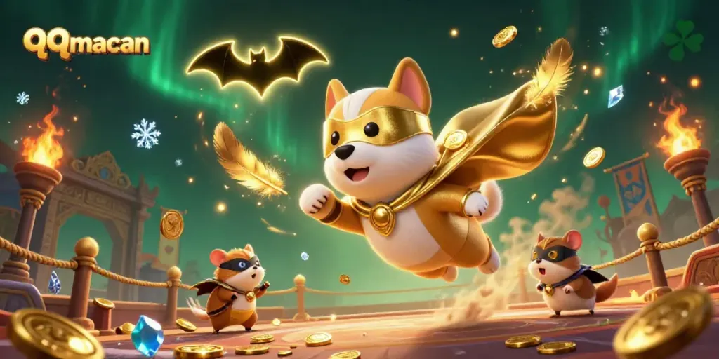 Experience thrilling action with the qqmacan superhero dog and sidekick in an exciting casino scene.