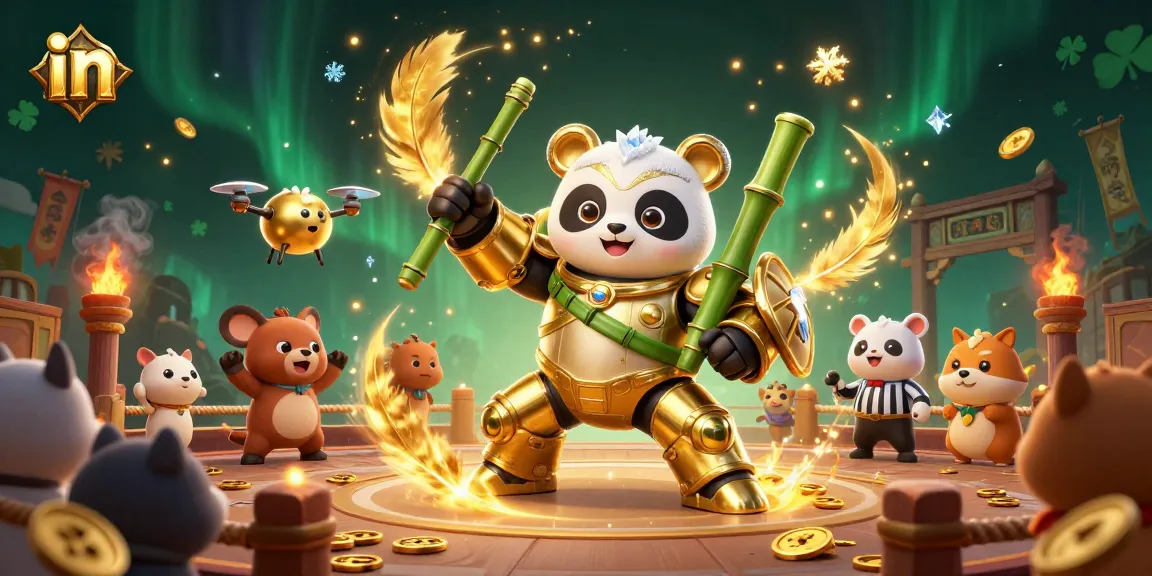 Engage in thrilling gaming with in, featuring a mech-suit panda battling in a vibrant arena.