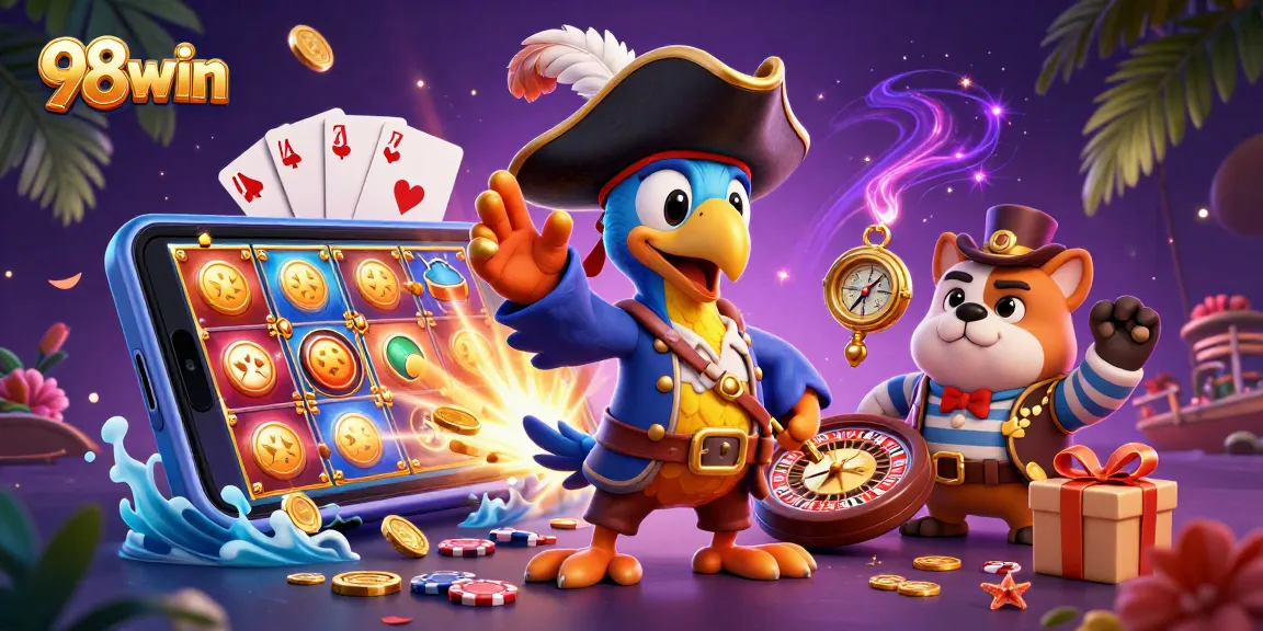 Experience the thrill of gaming with 98win’s animated adventure capturing slot play and vibrant casino action.