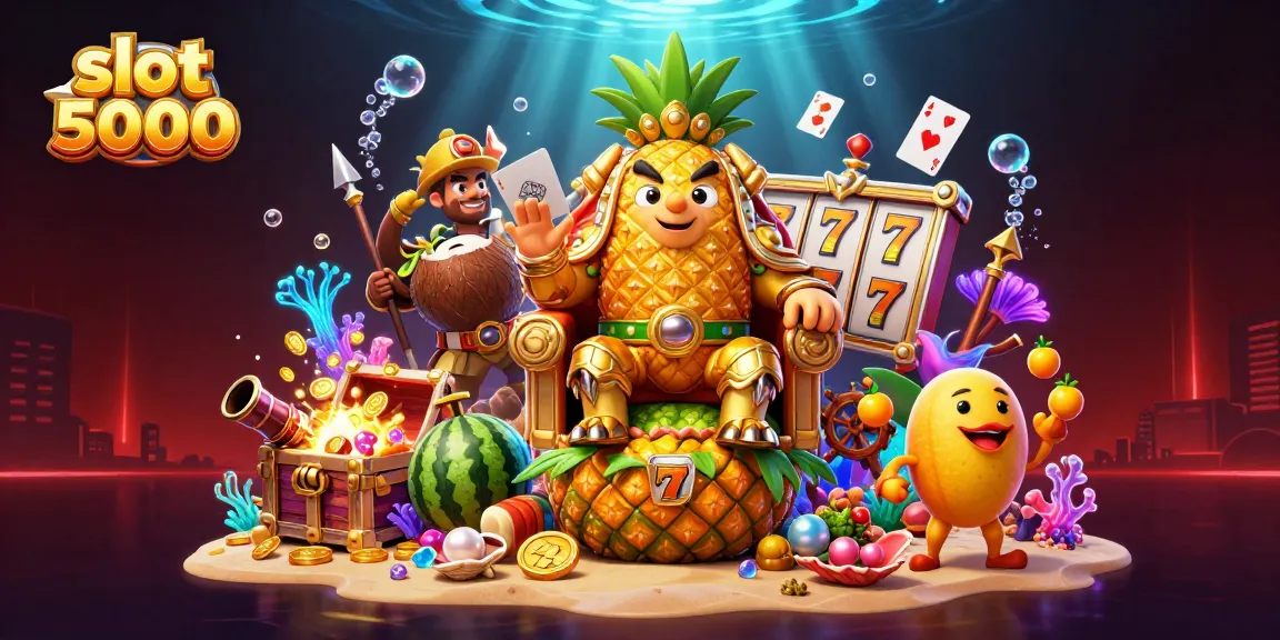 Menampilkan slot 5000 dengan karakter raja nanas emas dan elemen kasino lainnya di ilustrasi 3D yang memukau.