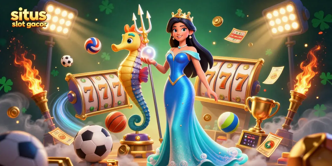 Engage with the situs slot gacor featuring a stunning woman and seahorse king amid dynamic gaming elements and a vibrant backdrop.