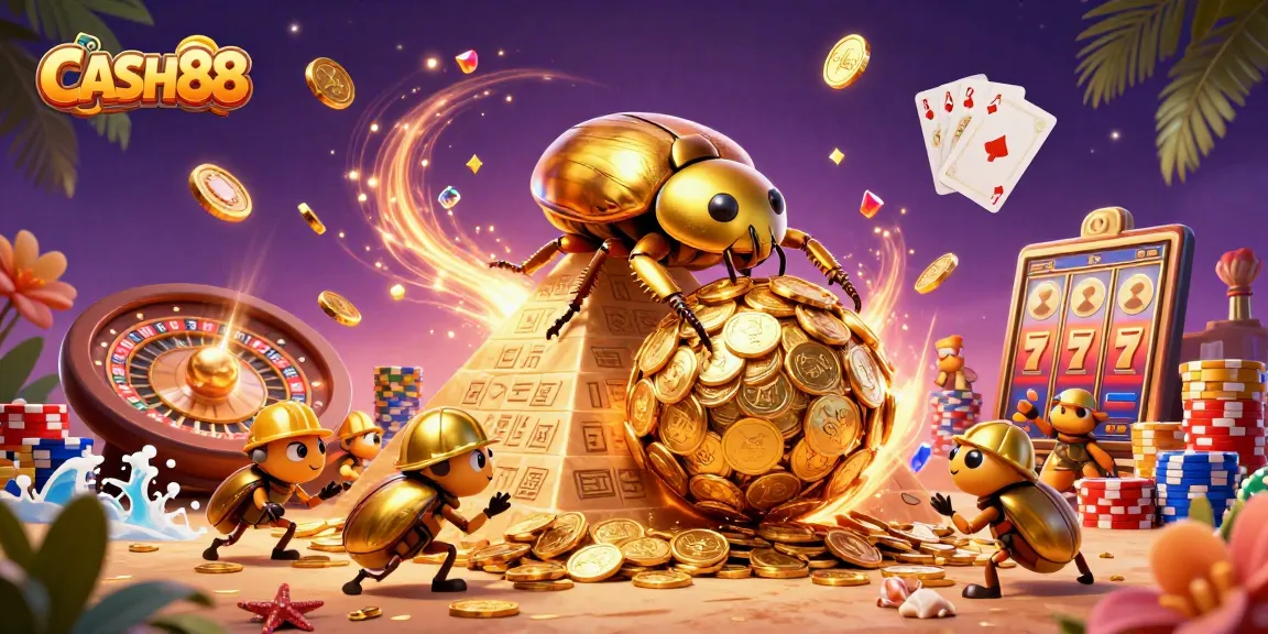 CASH88 showcases a vibrant 3D illustration of golden beetles in a casino-themed pyramid scene, rolling coins.