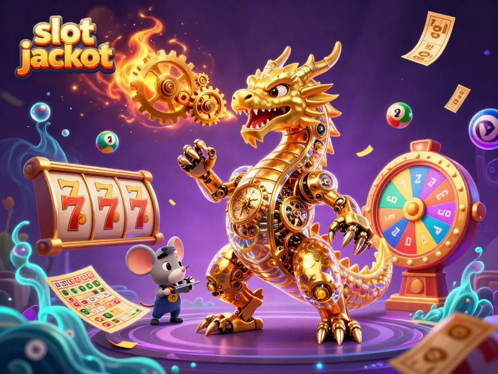 Engage in thrilling casino action with a vivid slot jackpot scene featuring a golden dragon and dynamic game elements.