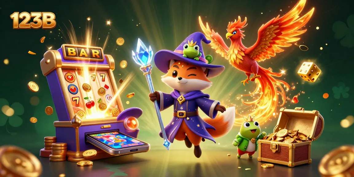 Experience thrilling jackpots and magical wins with 123B's casino games featuring a wizard fox and phoenix.
